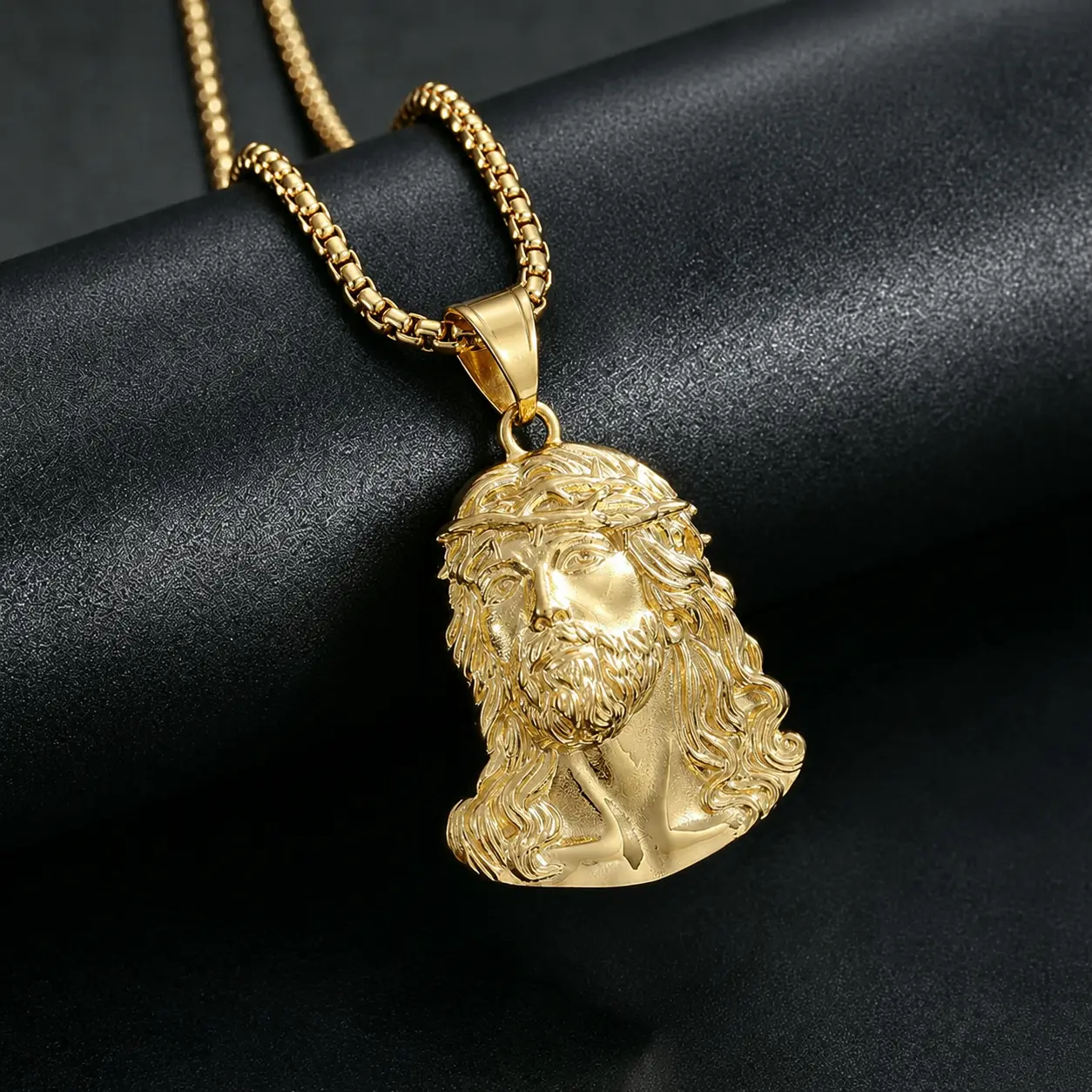 14K Gold 3D Jesus Head Pendant Necklace for Men, 316L Stainless Steel Box Chain Crown of Thorns Religious Faith Jewelry Gift 18-24