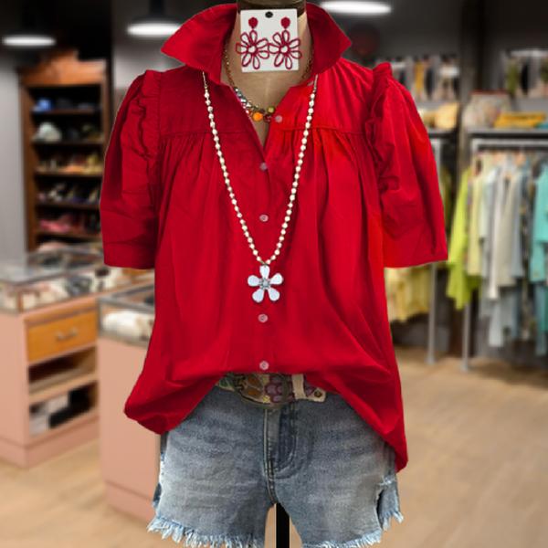 Cherrybetty Solid Ruffle Short Sleeve Button Up Blouse Going Outfits Blouses Women Vintage 90s Tops Funny Shirts Women Elegant Classy Tops Blouse cute summer outfit boho Casual Womenswear plus size flowy tops for Teachers and Moms