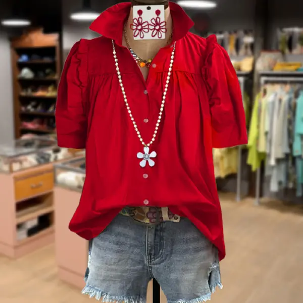 Cherrybetty Solid Ruffle Short Sleeve Button Up Blouse Going Outfits Blouses Women Vintage 90s Tops Funny Shirts Women Elegant Classy Tops Blouse cute summer outfit boho Casual Womenswear plus size flowy tops for Teachers and Moms