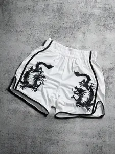 Men’s Chinese dragon print elastic-waist boxing training shorts made from a comfortable, breathable fabric. Suitable for everyday training and casual sports. Loose men’s athletic shorts; lightweight summer casual shorts.