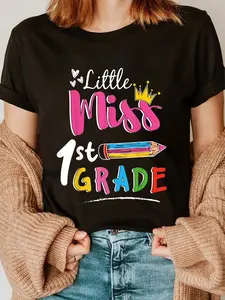 100% Cotton Little Miss First Grade Back To School 1st Grader Girls T-Shirt Round Neck Short Sleeve T-Shirt Women's Men Graphic Tee