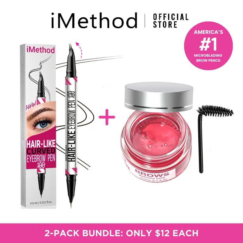 iMethod Limited Edition Pink 2-Pack Brow Makeup Multi-Pack (12 Months Shelf Life) - Microblade Eyebrow Pen with Curved Micro-Fork-Tip Applicator, Waterproof Sweat-Proof Easy Gel Format for Quick Daily Brows, Shaping for Adults, 01 Light Brown