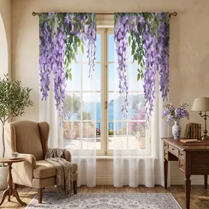 2-Pack Wisteria Sheer Curtains, 2D Print Drapes, Rod-Pass Through, All-Season Use, Living Room, Balcony, Bedroom, Tea Room