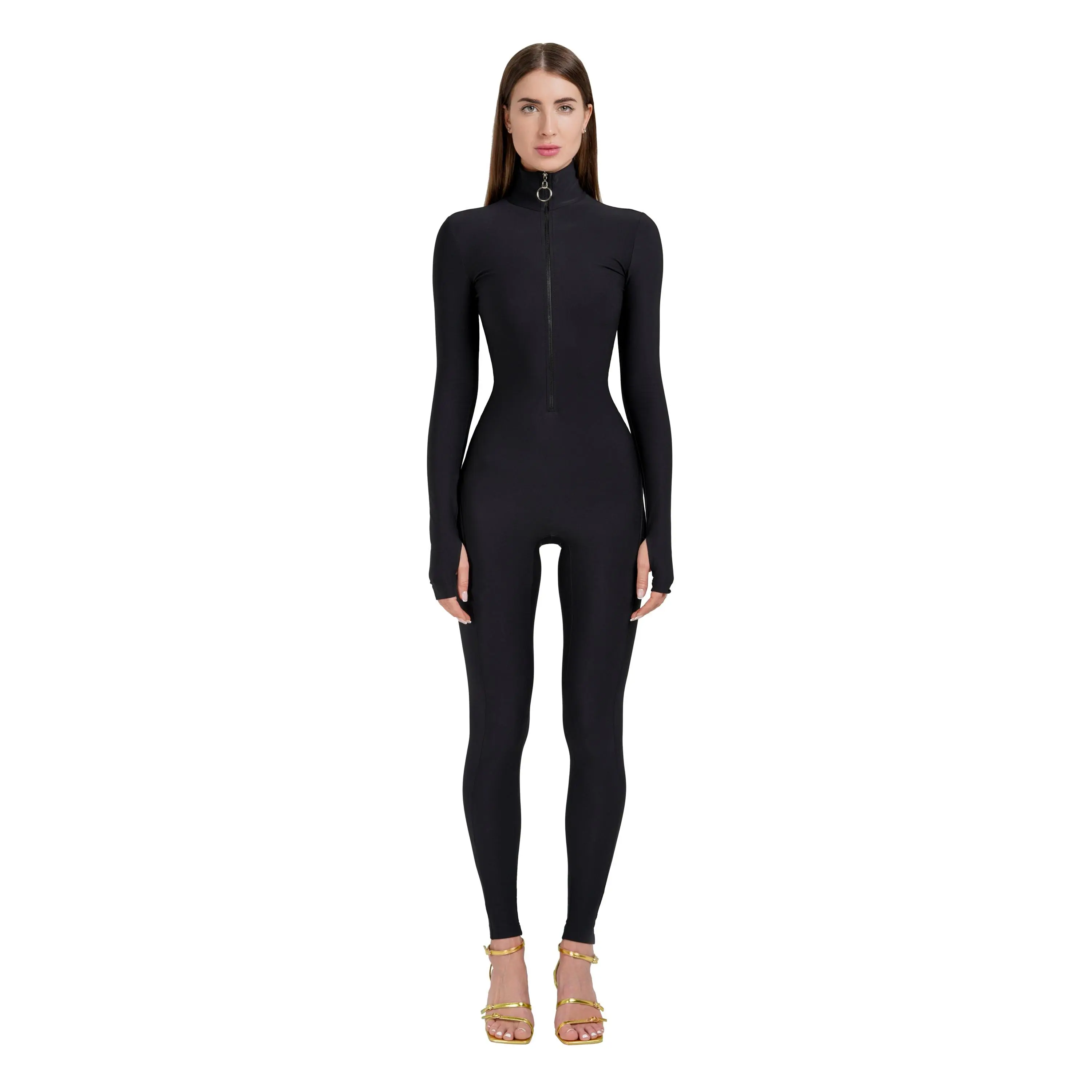 Black Long Sleeve Turtleneck Zip Up Full Bodysuit Total Zipper