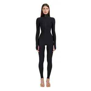 Black Long Sleeve Turtleneck Zip Up Full Bodysuit Total Zipper