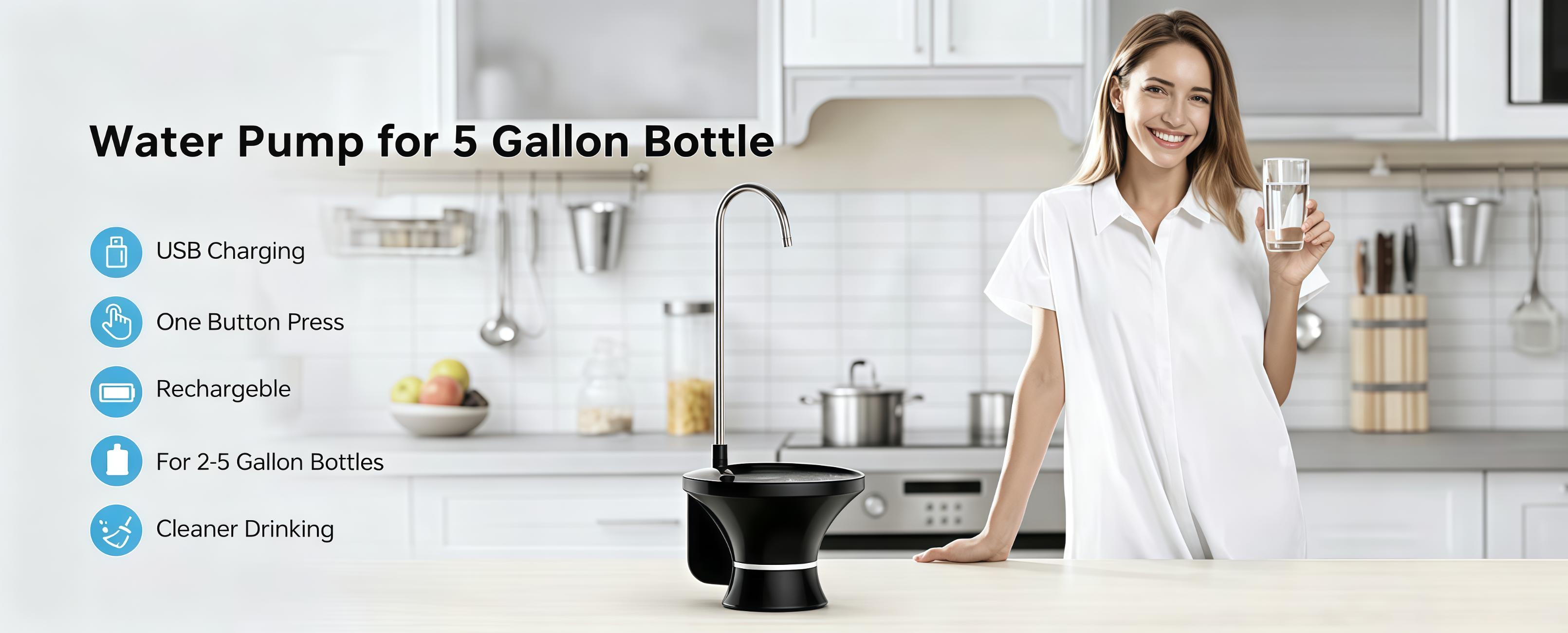 Water Dispenser for 5 Gallon Bottle, Rechargeable USB Water Pump with Automatic & Manual Dispensing Modes, Fits 2-5 Gallon Bottles, Bottle & Countertop Use, Large Tray, Stainless Steel Spout, BPA-Free Silicone Tube for Home, Office & Camping