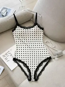 Spring Summer New Polka Dot Lace Trim Spaghetti Strap Bodycon Jumpsuit, Casual Slim Fit All over Print, Perfect for Daily Fashion