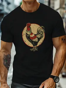 Men'S Vintage Rooster Print T-Shirt, Casual Crew Neck Short Sleeve Top, 100% Polyester Knit Fabric, Slight Stretch, Regular Fit, Summer Lightweight Shirt