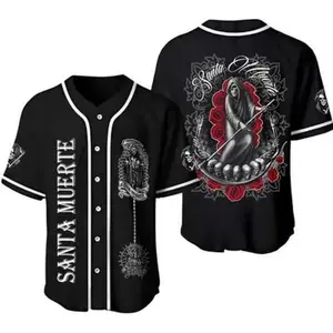 Camisa de la Santa Muerte Baseball Jersey – Unisex Short Sleeve Fitted Jersey Shirt for Men and Women, Fun Graphics, No-Fade