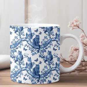 [Sale off up to 50%] Blue Floral Cat Mug, Cat chinoiserie Art, Blue Chinoiserie Coffee Cup for Cat Lover, Toile De Jouy Mug, Blue White Mug