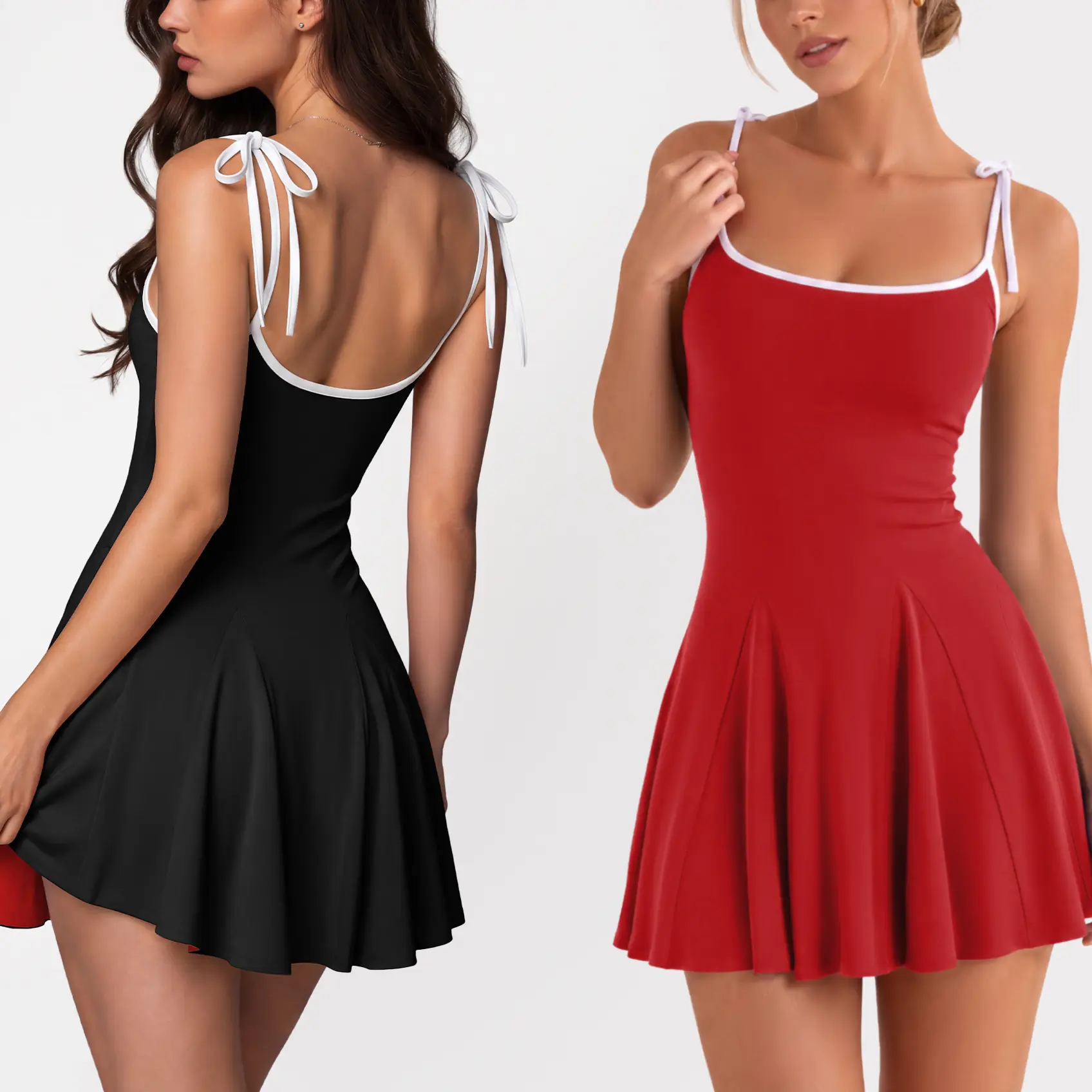 OQQfitness Womenswear Sleeveless Reversible Two-Tone Mini Skater Dress Adjustable Tie Spaghetti Straps Back Bow Flowy A Line Swing Sundress