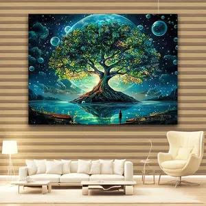1pc Enchanted Tree of Life Tapestry, Polyester Fiber Wall Decor, Mystical Forest Scene with Moon and Stars, for Living Room, Bedroom, Office