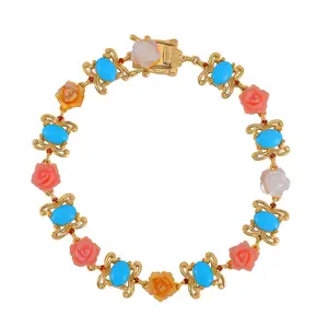 Sleeping Beauty Turquoise Multi Color Mother Of Pearl Carved and Garnet 5.65 ctw Floral Bracelet in Vermeil Yellow Gold Over Sterling Silver 7.50 In Christmas Gifts