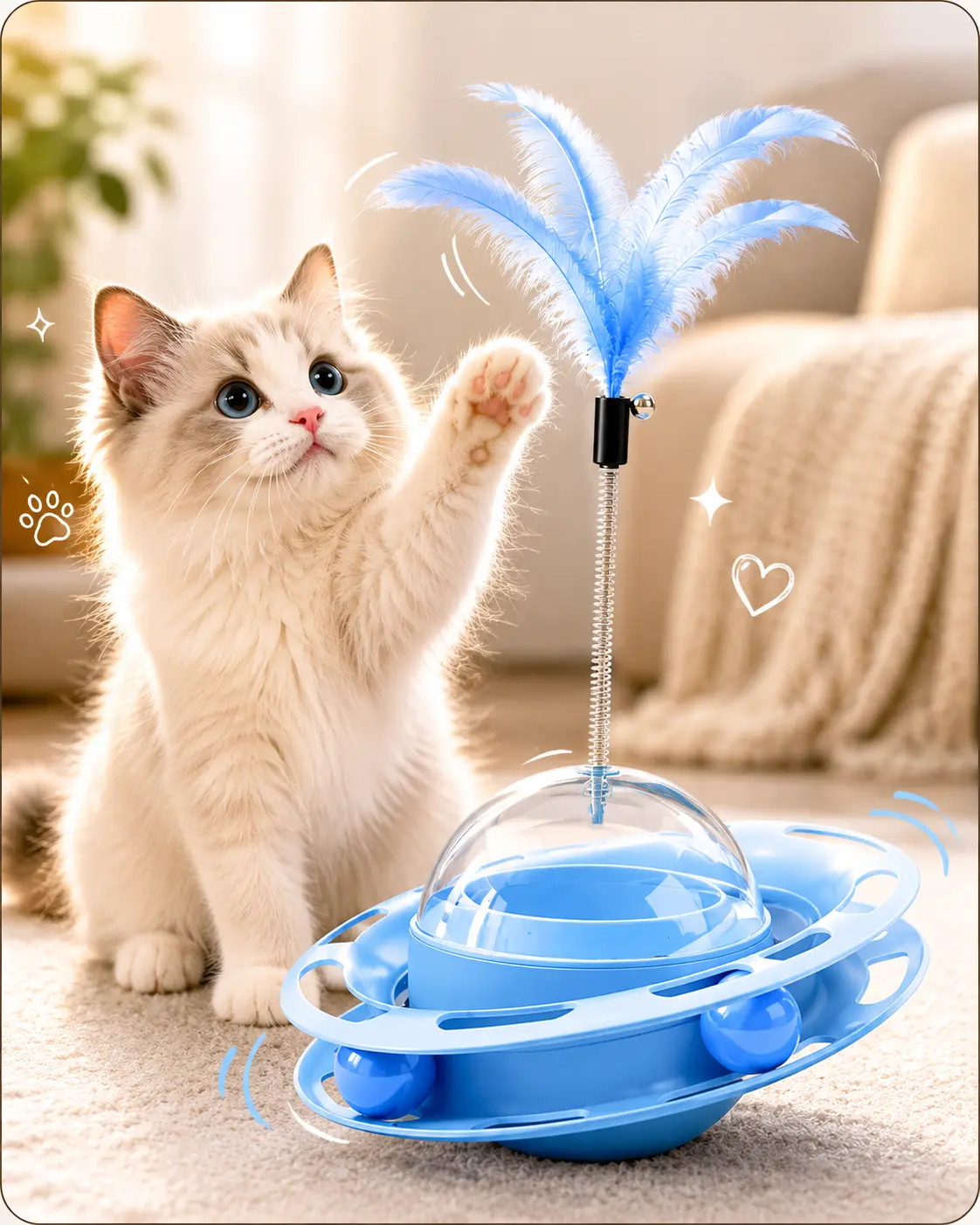 4-in-1 Indoor Kitty Interactive Cat Toy - Treat Dispenser, Wobble Feeder, Teaser Wand, Ball Chaser - Compact Design, Encourages Hunting Instincts, Keeps Kitties Mentally Stimulated, Interactive Toy, Kitty Interactive Toys