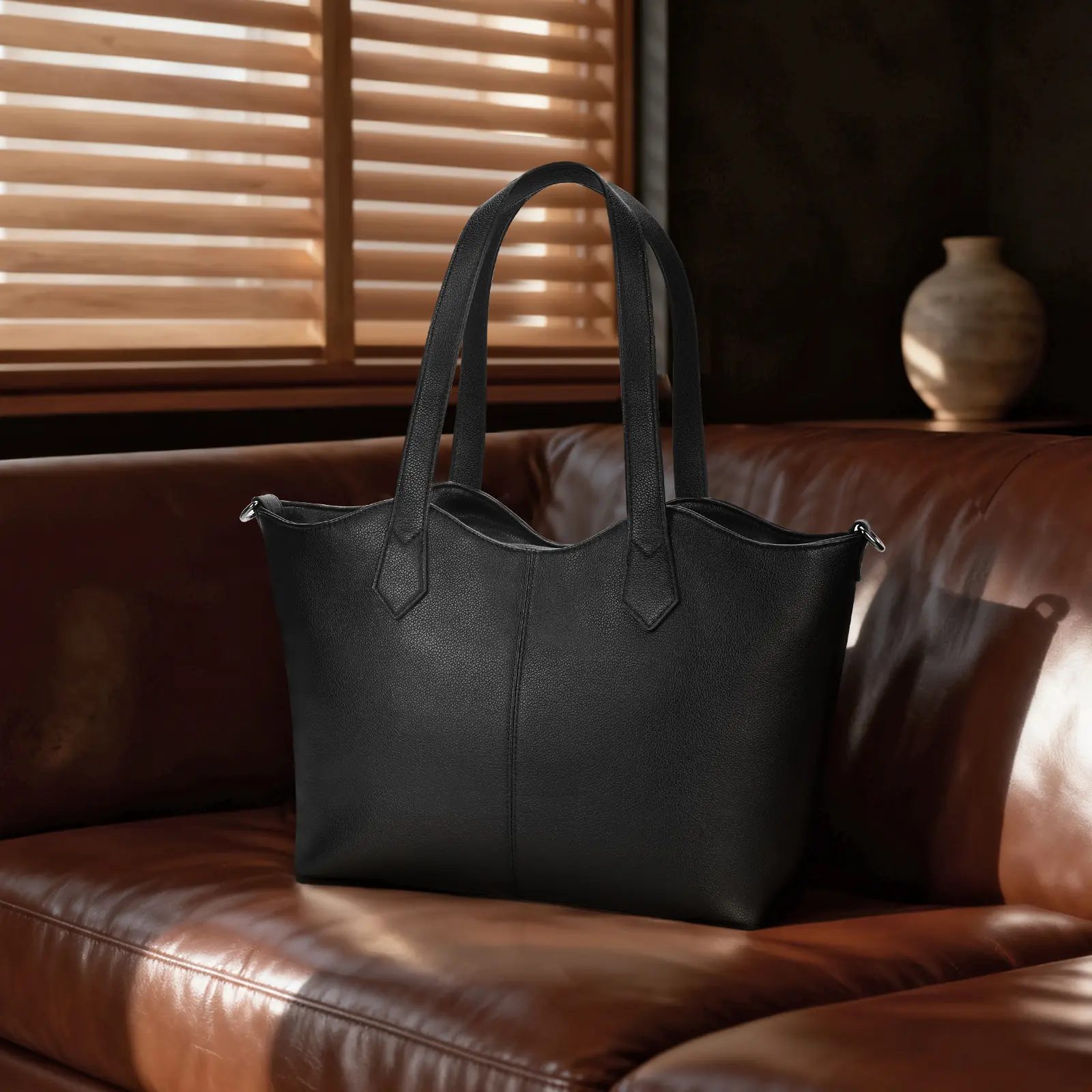 Black Top Handle Satchel Bag for Women, Large Faux Leather Work Purse, Adjustable Crossbody Strap, Zipper Closure