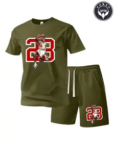 Men’s summer regular-fit cotton short-sleeve T-shirt and shorts set featuring a “23” number basketball graphic print. Fashionable casual menswear two-piece set with pockets—sports elastic-waist drawstring pants for running, golf, fishing, basketball, camp