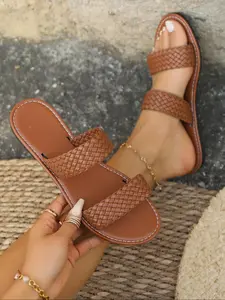 Women's Casual Round Toe Woven PU Leather Sandals, Boho Sandals, Comfortable Slip-On Flat Weave Slippers, Multiple Colors Simple Beach Shoes