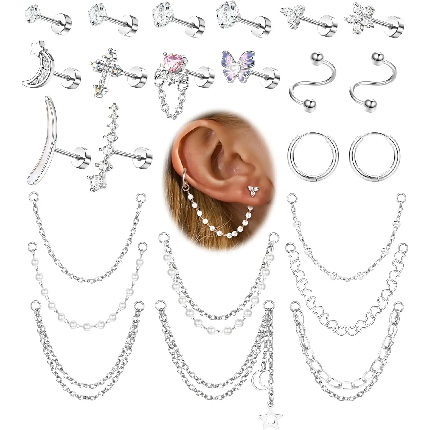 ZELORES Women's 24-Pc 20G Stainless Steel Piercing Jewelry Set - CZ Moissanite Studs, Small Hoops, Chain Dangles, Flat Backs for Cartilage, Jewelry Stack, Bow, Everyday Sparkle, 24-Pc DIY Set
