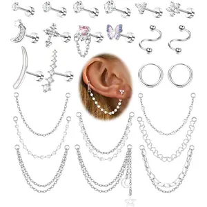 ZELORES  24 Pcs Stainless Steel Stud Earrings For Women Men 20G Cartilage Earrings Set Flat Back Earrings CZ Stud Earrings Small Hoop Earring Chain Dangle Cartilage Helix Tragus Piercing Jewelry Cz Moissanite