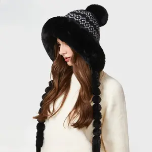 BIGWIG Elegant Winter Knitted Hat, Faux Fur Pom Pom Knitted Hat, Warm Plush Lining, Soft Touch, with Ear Flaps, Outdoor Activity Snow Hat, Women's Knitted Pattern Pom Pom Hat, Warm Crochet Ski Hat