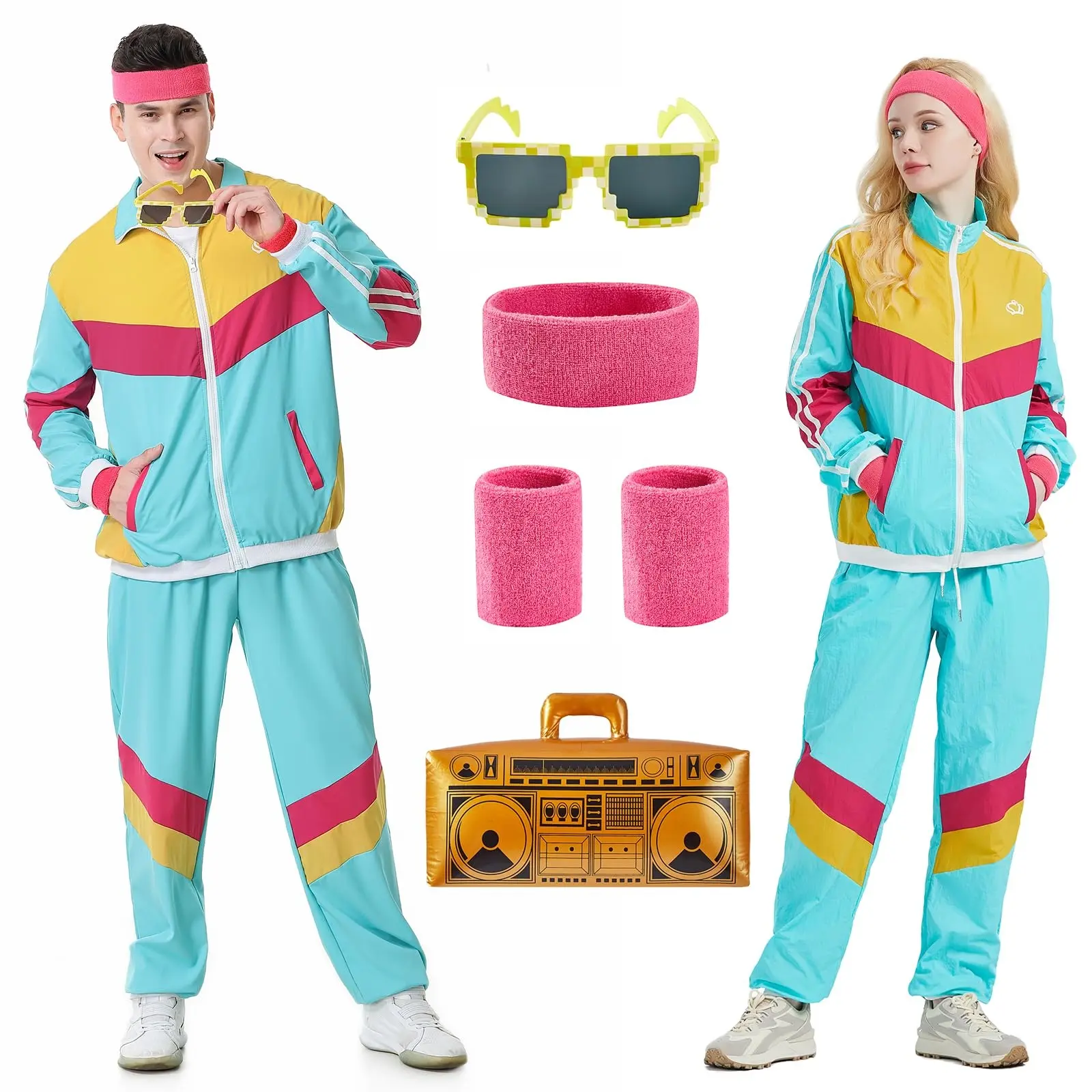 Men's 80s Retro Color-Block 4-Piece Polyester Tracksuit Costume - Menswear Classic Matching Casual Clothes for Disco, Halloween Parties, Vibe, Holiday, Loose-Fitting, Costume Ideas, Matching Set, Zip, Athletic, Diy Costume