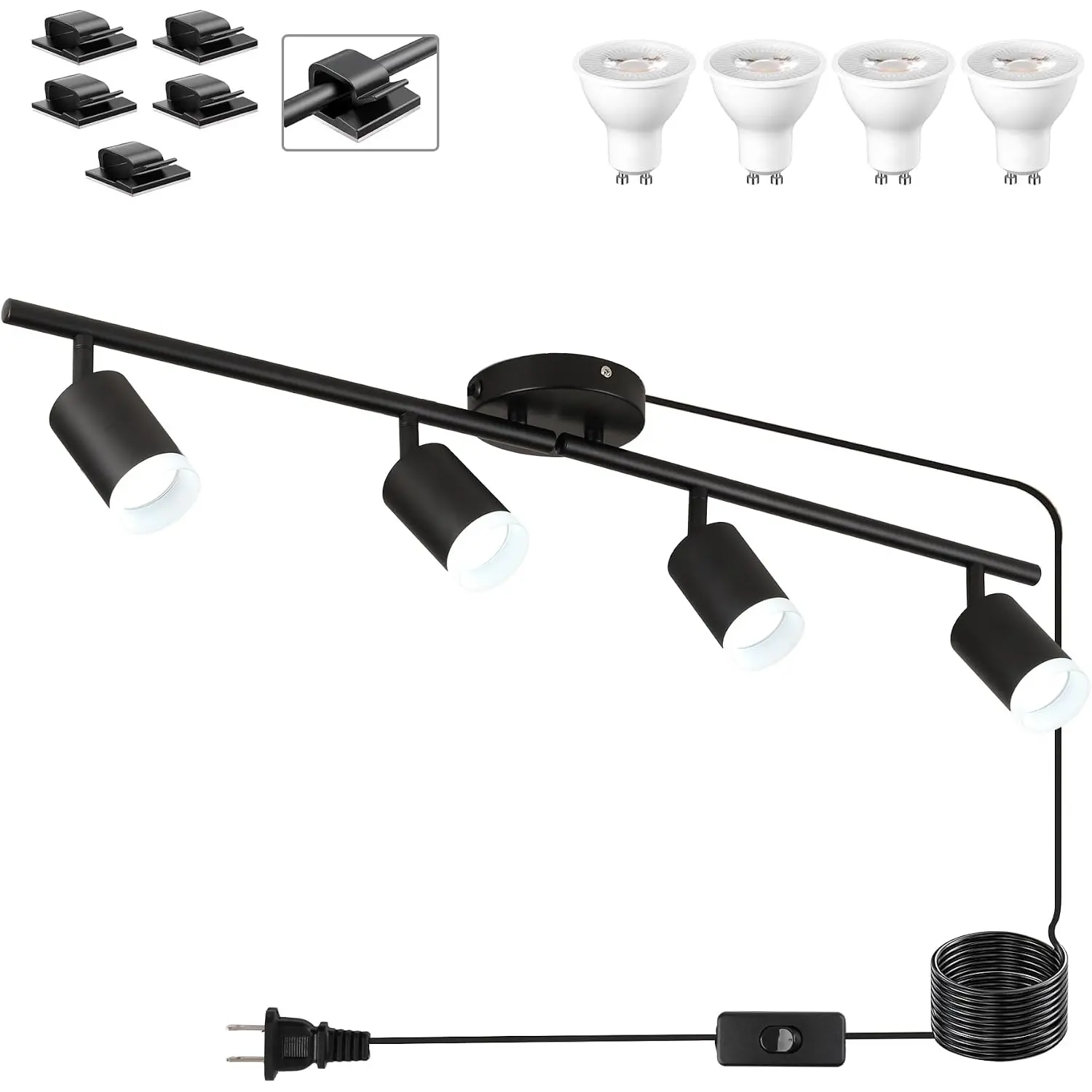 Plug in Track Lighting Kit, 80cm LED 4 Light Kitchen Track Lighting, Corded Wall Light with 16.4ft Cord, 4 Way Ceiling Spot Lighting Flexibly Rotatable Head Includes 4xGU10 Bulb (4 Black-Acrylic-80cm)
