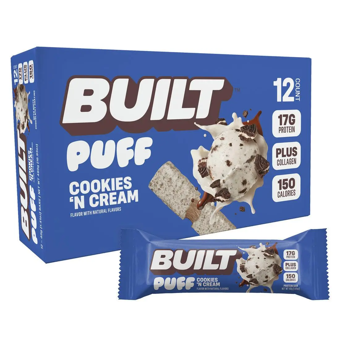 Built Puff Cookies N Cream Protein Bar 1.4oz 12ct High Protein 17g Plus Collagen Healthy On-The-Go Snack Colagen