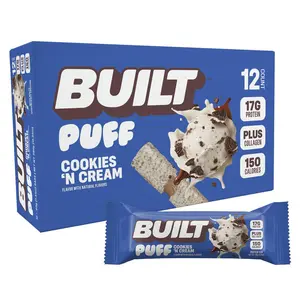 Built Puff Cookies N Cream Protein Bar 1.4oz 12ct High Protein 17g Plus Collagen Healthy On-The-Go Snack Colagen