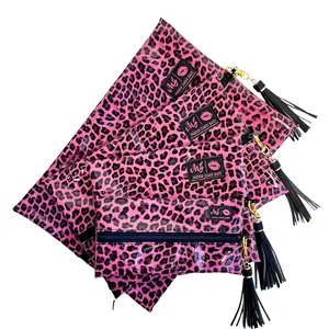 MakeupJunkieBags Women's Faux Leather Pink Patent Leopard 4-Piece Travel Clutch & Wristlet Set, Four-Pieces