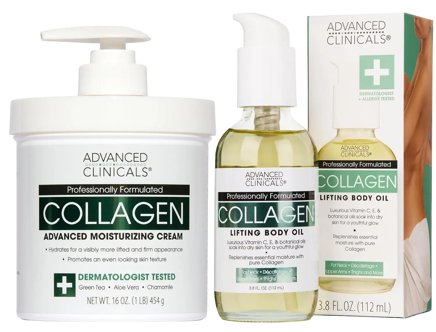 Advanced Clinicals Collagen Body Oil + Unscented Collagen Cream Body Lotion & Face Cream 2PC Beauty Skin Care Set For Women & Men For Improving Appearance Of Crepey Skin, Dry Skin, & Wrinkles, 2pc