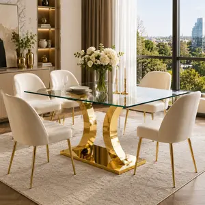 Modern Glass Dining Table 63 Inch Rectangular Tempered Glass Table Gold Stainless Steel C-Shaped Pedestal Base Luxury Kitchen Table Seats 6-8 People Dining Room Conference Office Executive Desk 300 lbs Capacity, Gold/Transparent Color Options