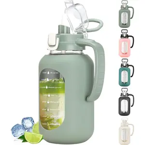 64 oz Glass Water Bottle with Straw and Handle Half Gallon Water Jug with Silicone Sleeve Large Water Bottle for Office, Gym, Outdoor Sports