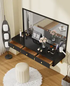 47" Floating Shelf with Drawer, Multi-Purpose Wall-Mounted Vanity Table, Mounted Desk, Floating Table for Bedroom, Bathroom, Hairdressers, Black and Golden