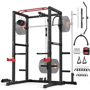 Sportsroyals Power Rack  Multi-Functional Power Cage with LAT Pulldown Pulley System  Squat Rack with More Training Attachments for Home Gym Red  1200 lbs Weight Capacity