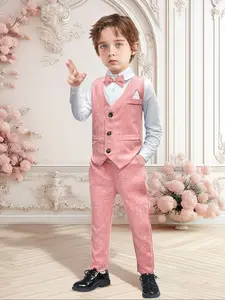 Boys Christmas 4-Piece Gentleman Suit Set: Shirt+Vest+Pants+Bow Tie | Wedding Ring Bearer Outfit, Holiday Formal, Children