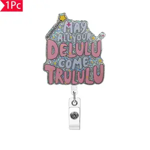 Glitter Letter Pattern Retractable Badge Holder, Cute Badge Reel, Office Worker Badge, ID Card Holder for Student Office Staff Doctor Nurse Teacher