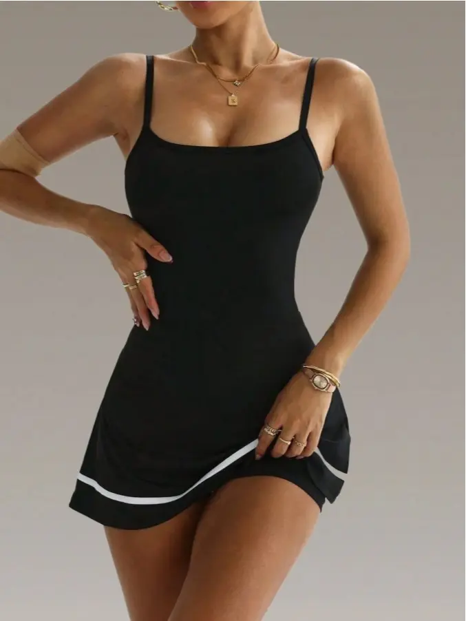 EGRILLES 2-Plece Women's Color Block Casual Tennis Dress, With Built In Shorts Sports Outfits, Adjustable Spaghetti Straps Cami Dress, Women's Activewear.