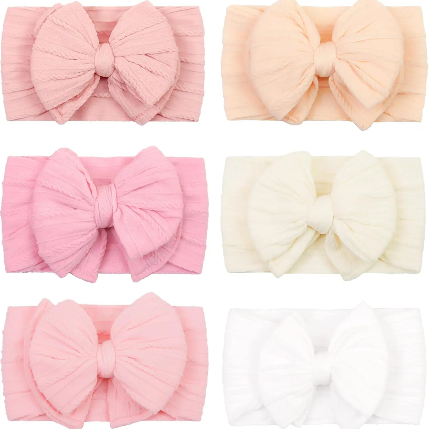 6 count Super Stretchy Soft Handmade Headbands with Double Bows  Wrap Nylon Hair Accessories For   Girls   (Pink)