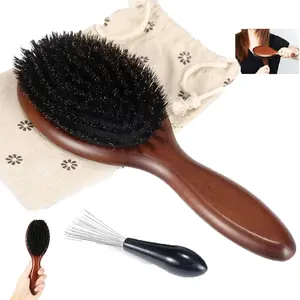 100% Boar Bristle Hair Brush, Beech Wood Oval Paddle Brush with Rubber Massage Cushion, Detangling Smoothing Hairbrush for Hair Growth & Frizz Control, Includes Brush Cleaner and Storage Bag