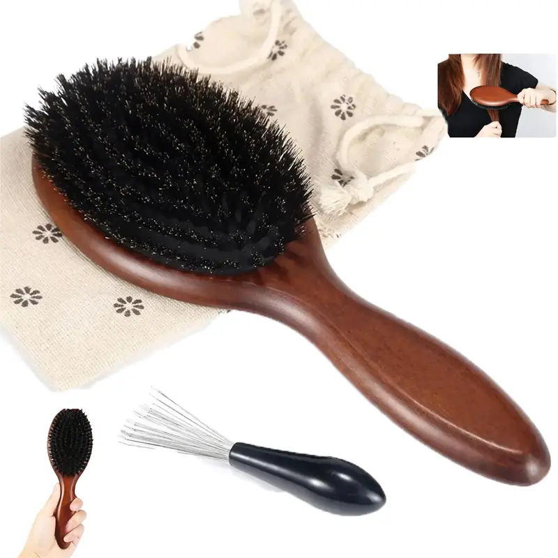 100% Boar Bristle Hair Brush, Beech Wood Oval Paddle Brush with Rubber Massage Cushion, Detangling Smoothing Hairbrush for Hair Growth & Frizz Control, Includes Brush Cleaner and Storage Bag
