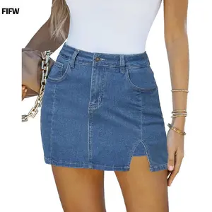 Women's high waisted casual stretch denim skirt with side panels, mini skirt shorts, knitted women's clothing aesthetics