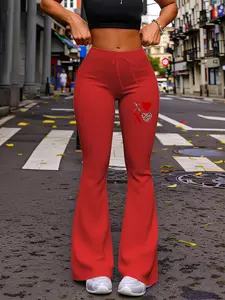 Women's Casual Fashion Wide Leg Flared Pants, Drawstring Waist Design, Xoxo Valentine Heart Print, All-Season Milk Silk Yoga Jogger Pants