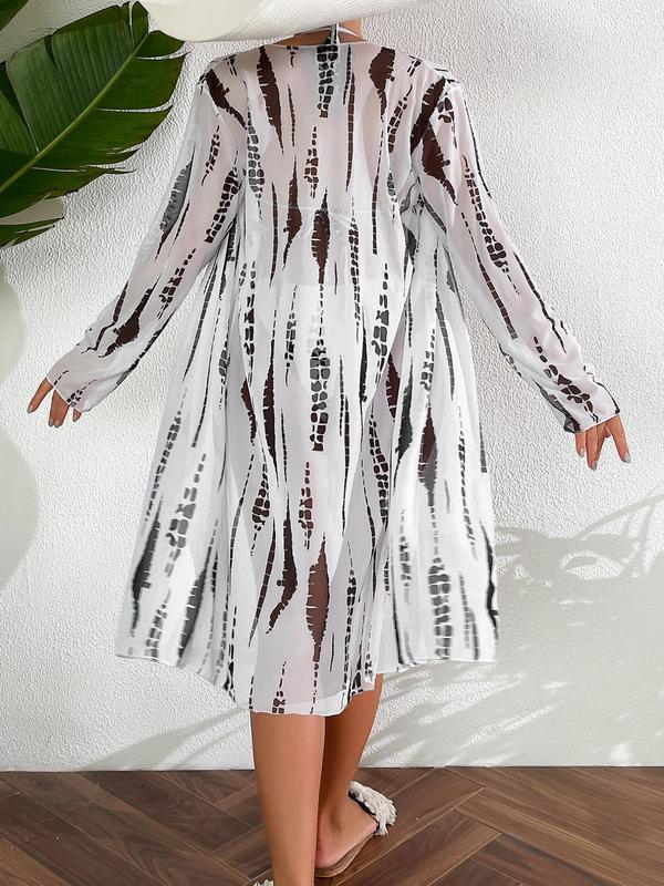 Women's Tie Dye Print Bikini Set, Chic Halter Neck Padded Triangle Swim Bra & Swim Knicker & Long Sleeve Open Front Cover Up Set, Ladies Summer Swimsuit for Beach Holiday Vacation