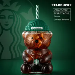 2026 Cute Bear Shaped Glass Tumbler with Straw, 20oz Iced Coffee Cup, 590ml Reusable Cold Drink Cup with Lid, Kawaii Bear Cup for Milk Tea Juice Smoothies, Holiday Christmas Birthday Gift for Women Coffee Lovers