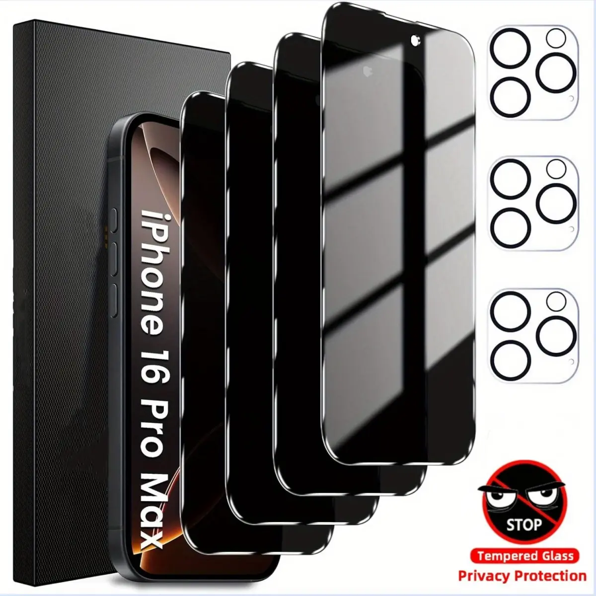8IN1 Privacy Screen Protector Set for iPhone 16 Pro Max 17 15 14 13 16E Pro Max 5-piece mobile phone screen anti-peep tempered glass protective film + 3-piece lens protective cover