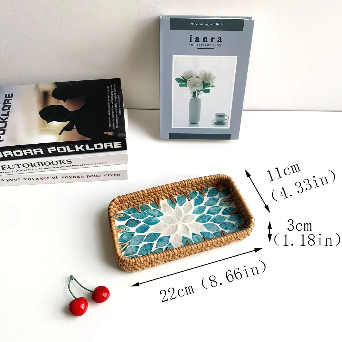 Handmade Rattan Shell Decorative Tray, Boho Inlaid Mosaic Jewelry Dish, Coffee Table Home Decor, Mother's Day Gift