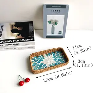 Handmade Rattan Shell Decorative Tray, Boho Inlaid Mosaic Jewelry Dish, Coffee Table Home Decor, Mother's Day Gift