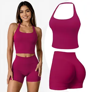 HALO Two Pieces suit Impact Halter Top & Butt Lifting Impact Shorts  Scrunch Butt Gym Outfit for Women
