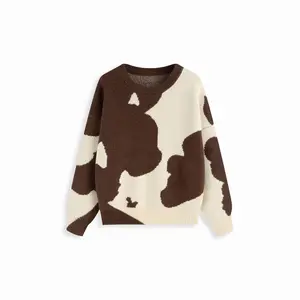Cider Knit Wool-blend Cow Pattern Round Neckline Long Sleeve Oversized Top