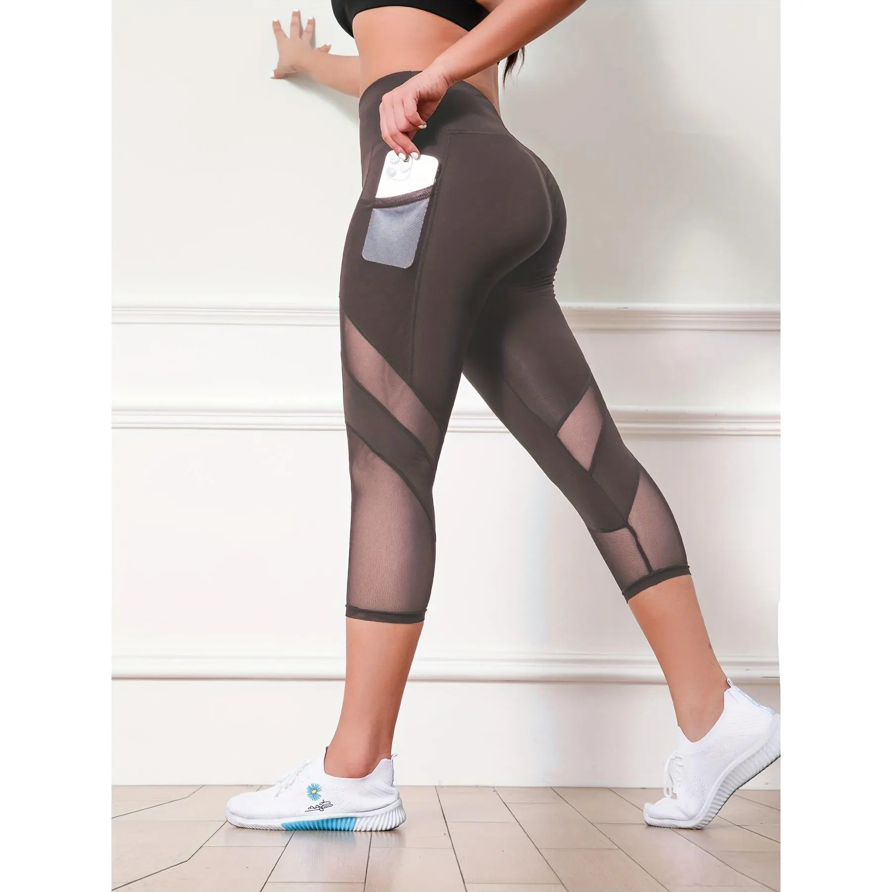 [Mesh Breathable Quick Drying Leggings] Mesh Contrast Breathable Quick Drying Sports Capri Leggings With Pocket, High Waisted Yoga Running Tight Capri Pants, Women's Activewear Tiktok shop leggings